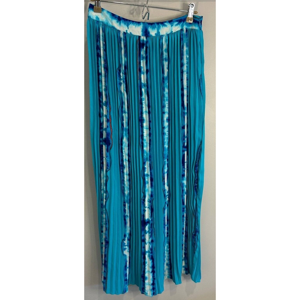 White House Black Market Aqua Blue Tie Dye Pleated Maxi Skirt Side Slits 2